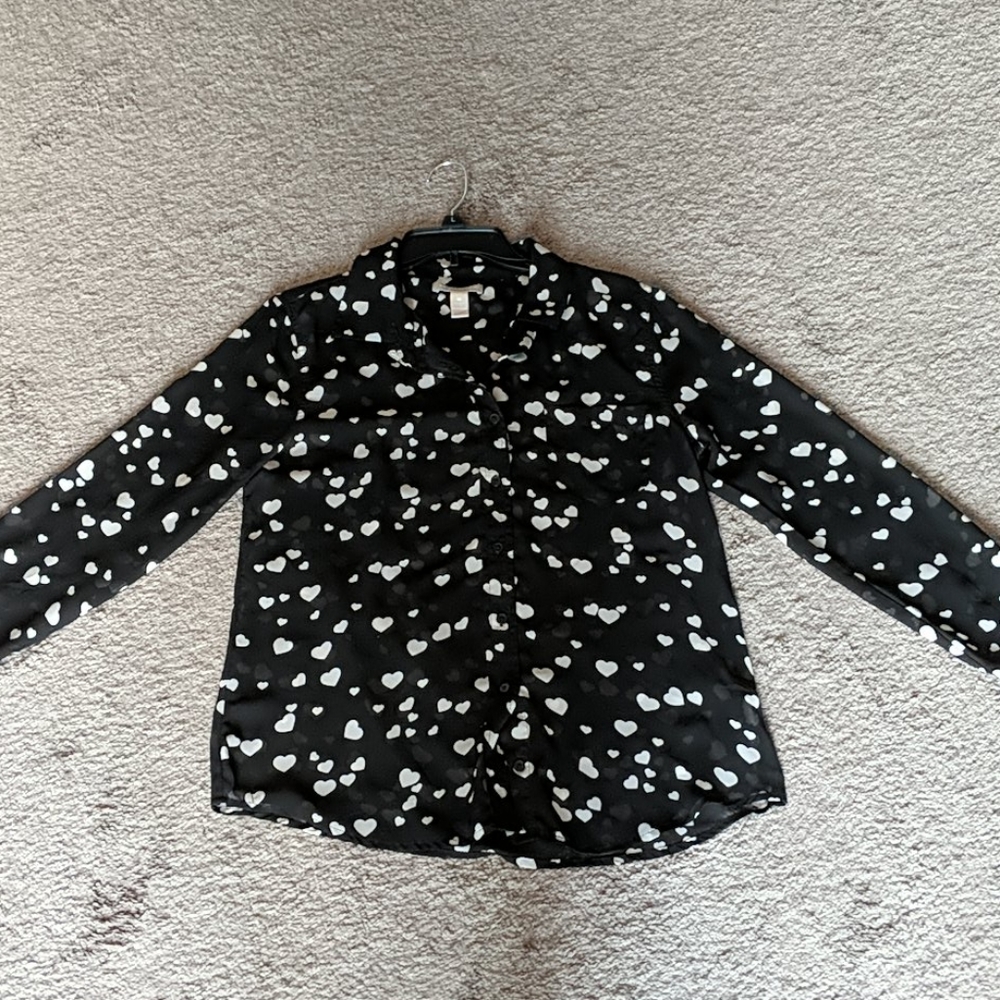 Black sheer blouse with white hearts